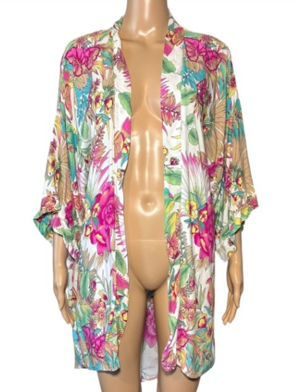 Ale-hop Floral Bird Print Lightweight Kimono Cover-up - Pink & Green
